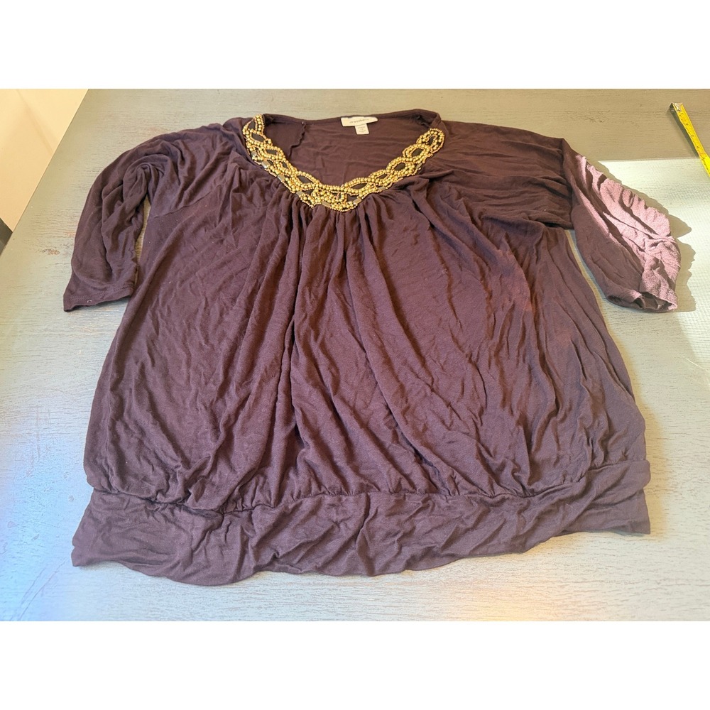 Dressbarn Brown Rayon Spandex Knit Top Woman 1X Made in USA  Short Sleeve Tee